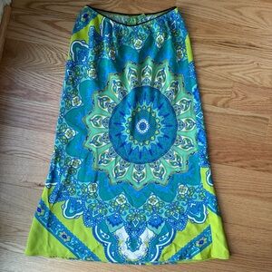 Vintage Tibi 100% Silk Midi Skirt Blue Green Mandala Print Boho Resort - Size M